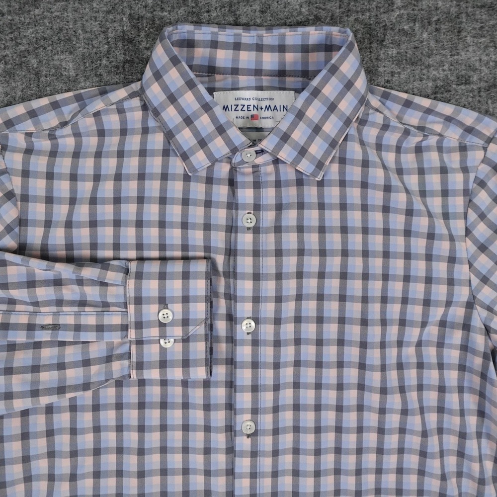 Mizzen+Main Leeward Collection Shirt Men Medium Trim Fit Blue Pink Check Stretch